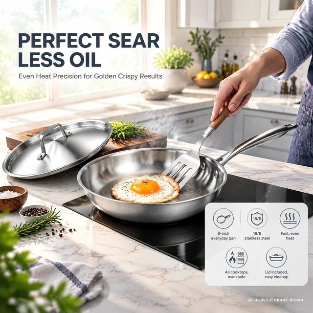 Alt view image 4 of 7 - 8-Inch Fry Pan with Lid, 18/8 Stainless Steel Skillet, Oven Safe to 450°F, Induction Compatible, Dishwasher Safe