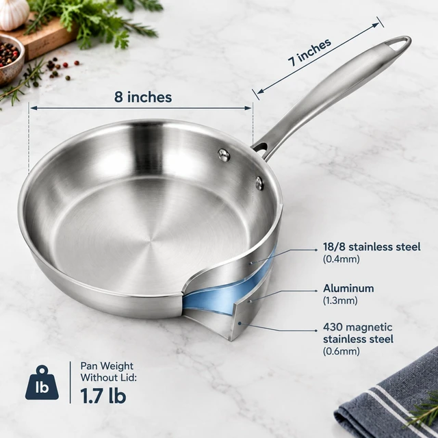 Alt view image 7 of 7 - 8-Inch Fry Pan with Lid, 18/8 Stainless Steel Skillet, Oven Safe to 450°F, Induction Compatible, Dishwasher Safe