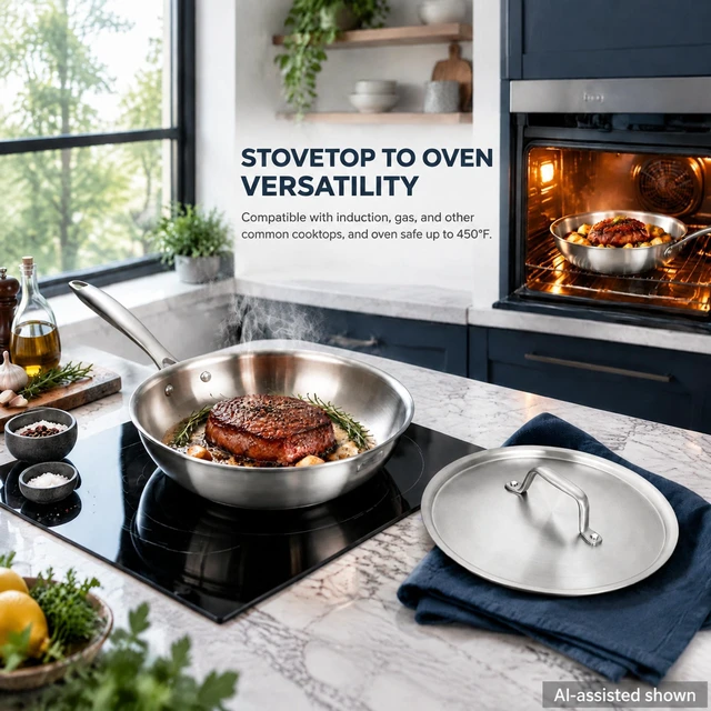 Alt view image 5 of 7 - 8-Inch Fry Pan with Lid, 18/8 Stainless Steel Skillet, Oven Safe to 450°F, Induction Compatible, Dishwasher Safe