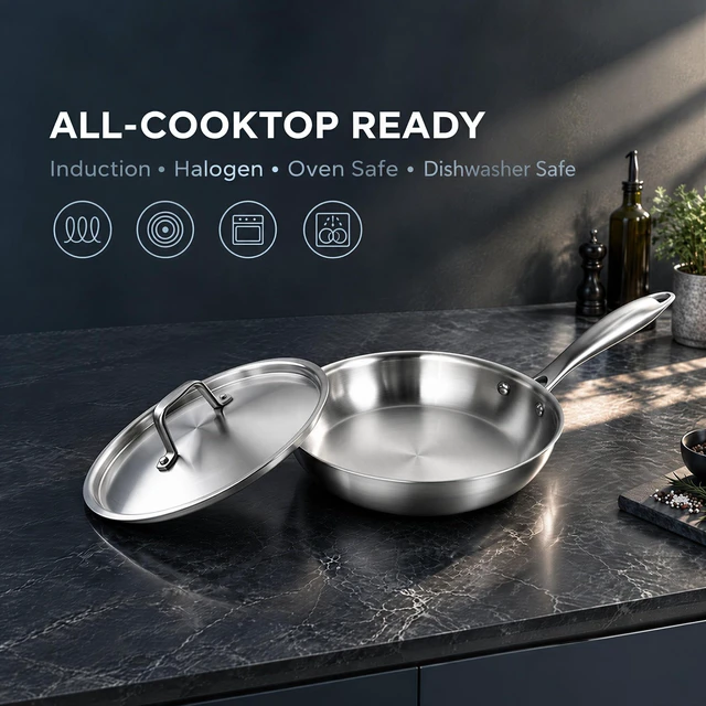 Alt view image 3 of 7 - 8-Inch Fry Pan with Lid, 18/8 Stainless Steel Skillet, Oven Safe to 450°F, Induction Compatible, Dishwasher Safe
