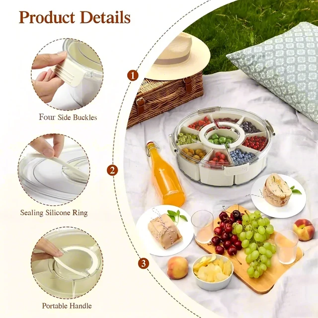 Alt view image 4 of 7 - 9 Compartment Box, Rotating Serving Tray with Lid & Handle, Portable Organizer for Fruits, Candy, Veggies, Party & Travel