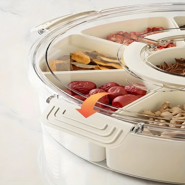 Alt view image 5 of 7 - 9 Compartment Box, Rotating Serving Tray with Lid & Handle, Portable Organizer for Fruits, Candy, Veggies, Party & Travel