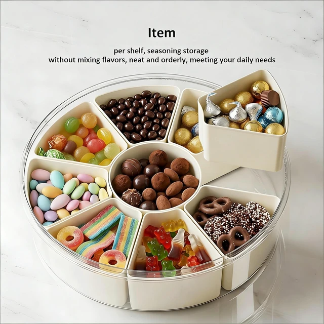 Alt view image 2 of 7 - 9 Compartment Box, Rotating Serving Tray with Lid & Handle, Portable Organizer for Fruits, Candy, Veggies, Party & Travel