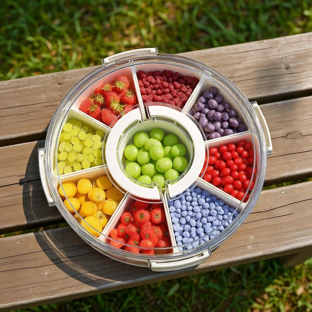 Alt view image 3 of 7 - 9 Compartment Box, Rotating Serving Tray with Lid & Handle, Portable Organizer for Fruits, Candy, Veggies, Party & Travel