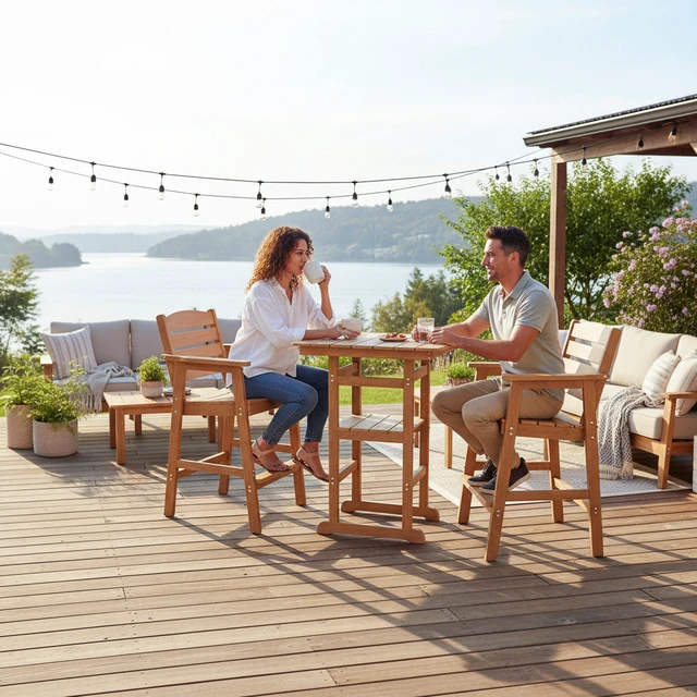 Alt view image 3 of 7 - Poly Lumber Patio HIPS Bar Set, 2-Person Plastic Outdoor Bar Stools with Table, Teak Tone, 600 lb. Weight Capacity