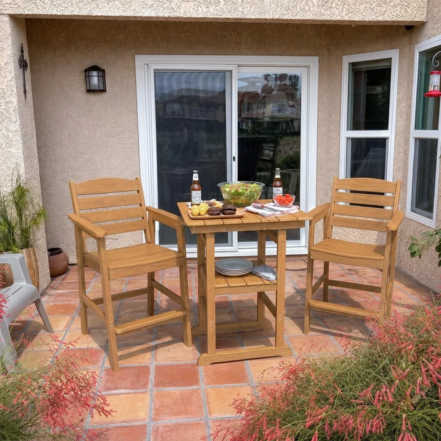 Main image of Poly Lumber Patio HIPS Bar Set, 2-Person Plastic Outdoor Bar Stools with Table, Teak Tone, 600 lb. Weight Capacity