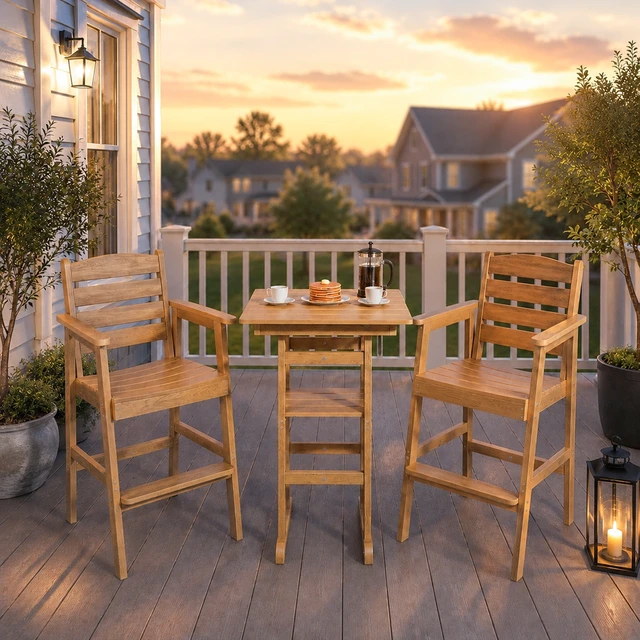 Alt view image 4 of 7 - Poly Lumber Patio HIPS Bar Set, 2-Person Plastic Outdoor Bar Stools with Table, Teak Tone, 600 lb. Weight Capacity