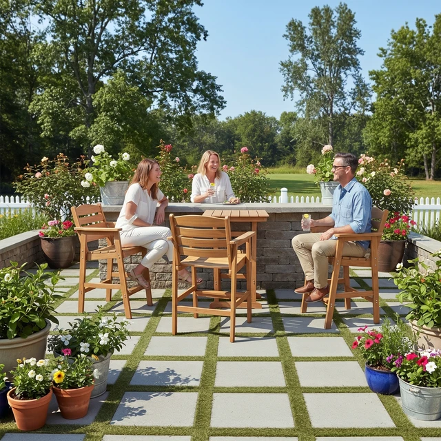 Alt view image 5 of 7 - Poly Lumber Patio HIPS Bar Set, 2-Person Plastic Outdoor Bar Stools with Table, Teak Tone, 600 lb. Weight Capacity