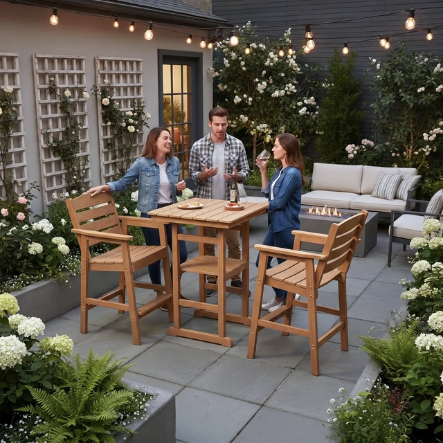 Alt view image 2 of 7 - Poly Lumber Patio HIPS Bar Set, 2-Person Plastic Outdoor Bar Stools with Table, Teak Tone, 600 lb. Weight Capacity
