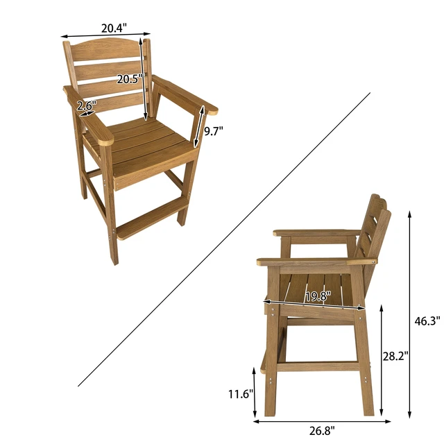 Alt view image 7 of 7 - Poly Lumber Patio HIPS Bar Set, 2-Person Plastic Outdoor Bar Stools with Table, Teak Tone, 600 lb. Weight Capacity