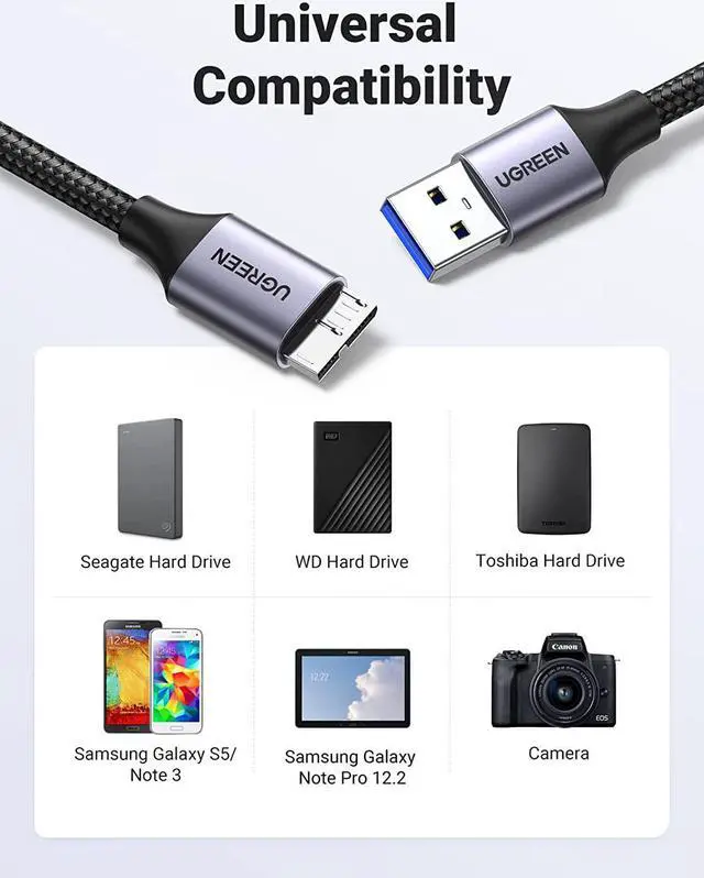Alt view image 4 of 7 - UGREEN Micro USB 3.0 Cable, USB 3.0 A to Micro B Cord Nylon Braided External Hard Drive Cable Compatible with Samsung Galaxy S5, Note 3/Pro 12.2, Western Digital, Toshiba, My Passport, etc 1.5 FT