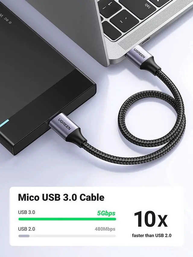 Alt view image 2 of 7 - UGREEN Micro USB 3.0 Cable, USB 3.0 A to Micro B Cord Nylon Braided External Hard Drive Cable Compatible with Samsung Galaxy S5, Note 3/Pro 12.2, Western Digital, Toshiba, My Passport, etc 1.5 FT