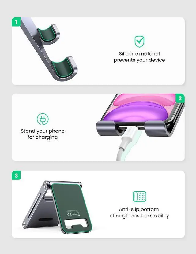 Alt view image 6 of 7 - UGREEN Cell Phone Stand Desk Adjustable Aluminum Mobile Phone Holder Compatible for iPhone 13 12 Pro Max, iPhone 11 X SE XS XR 8 Plus 6 7 6S Samsung Galaxy Note20 S20 S10 S9 S8 S7 Smartphone Foldable