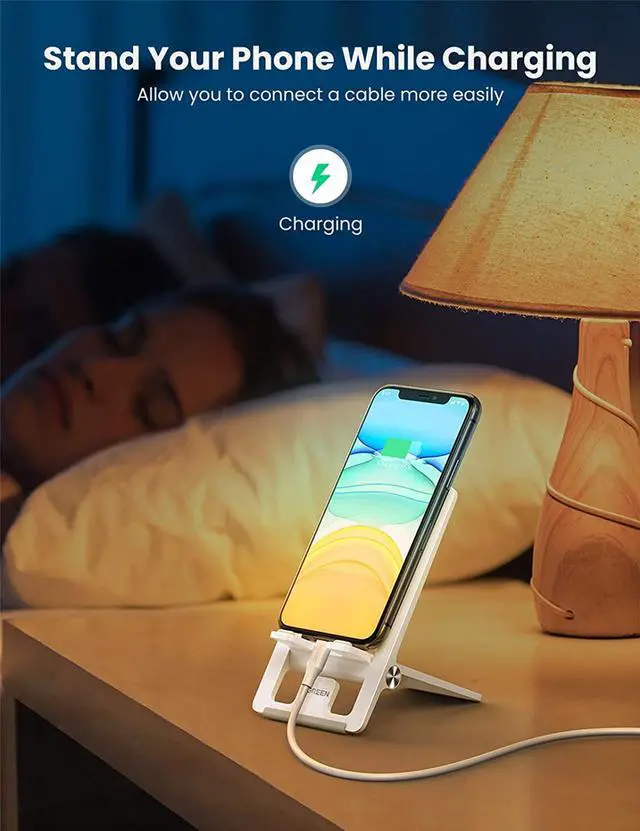 Alt view image 4 of 7 - UGREEN Cell Phone Stand for Desk Adjustable Phone Holder Dock Compatible for iPhone 13 12 Pro Max 11 XS XR 8 Plus 6 7 6S Smartphone, Samsung Galaxy Note20 S20 Ultra S10, Foldable and Portable (White)