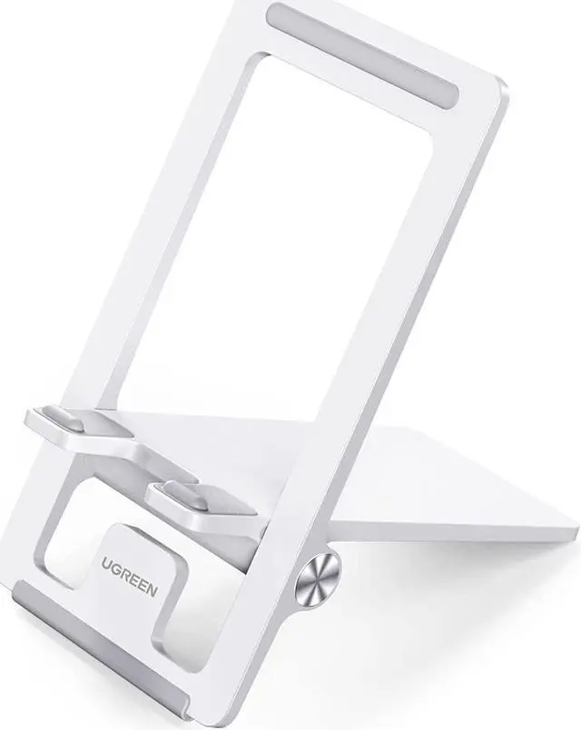 Main image of UGREEN Cell Phone Stand for Desk Adjustable Phone Holder Dock Compatible for iPhone 13 12 Pro Max 11 XS XR 8 Plus 6 7 6S Smartphone, Samsung Galaxy Note20 S20 Ultra S10, Foldable and Portable (White)