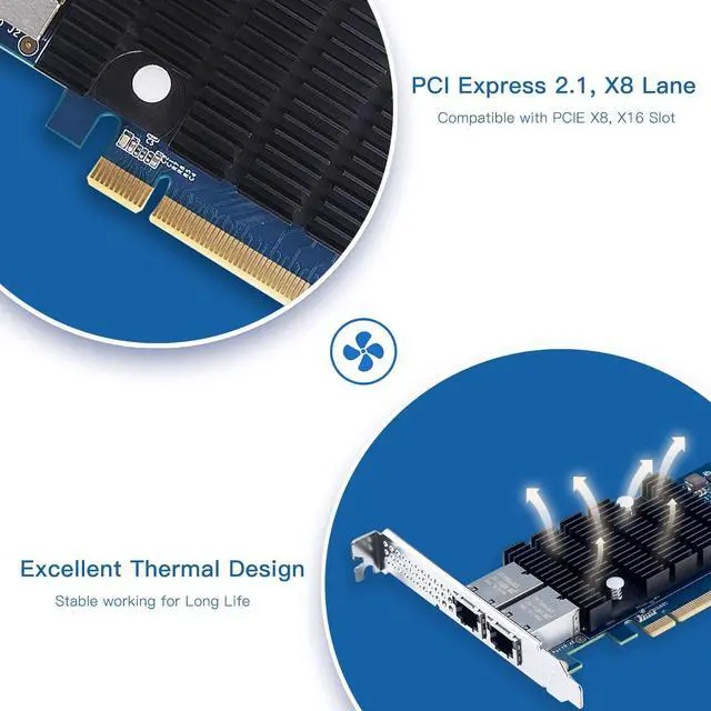 Alt view image 5 of 7 - 10Gb PCI-E Network Card NIC, Dual RJ45 Ports, Compare to Intel X540-T2, with Intel X540-BT2 Chip, PCI Express X8, 10Gbase-T LAN Adapter Support Windows Server/Windows/Linux/VMware
