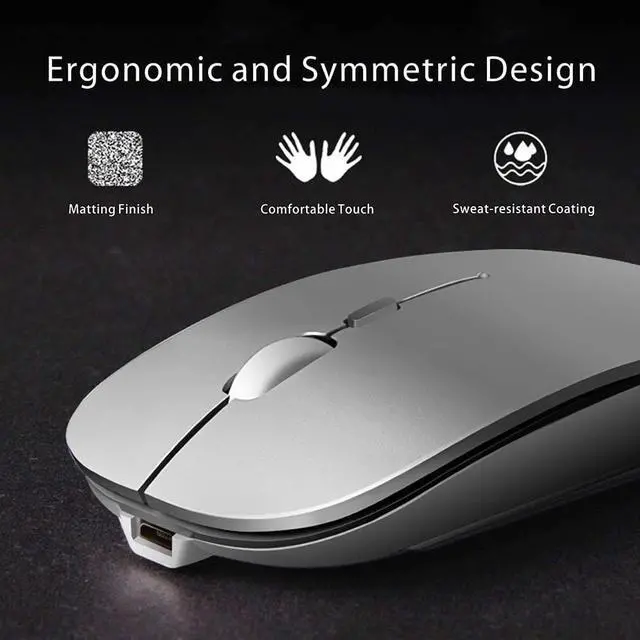 Alt view image 2 of 7 - Q5 Slim Rechargeable Wireless Mouse, 2.4G Portable Optical Silent Ultra Thin Wireless Computer Mouse with USB Receiver and Type C Adapter, Compatible with PC, Laptop, Notebook, Desktop (Silver)
