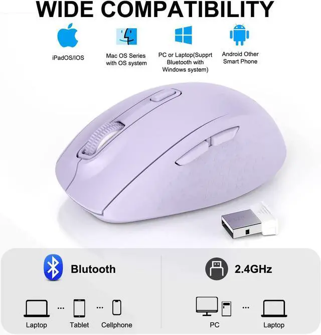 Alt view image 2 of 7 - Wireless Bluetooth Mouse, WisFox Silent Mouse Easy-Switch to 3 Devices, Portable Cordless Mice for Laptop Computer PC (Purple)