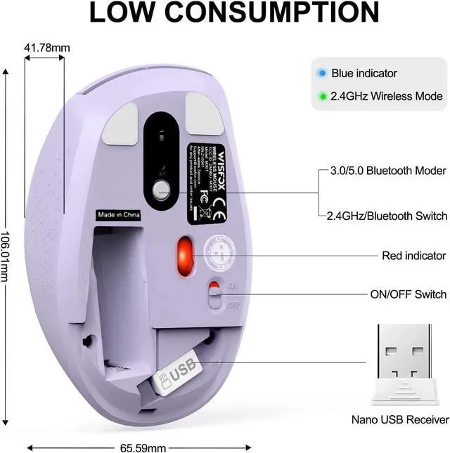 Alt view image 6 of 7 - Wireless Bluetooth Mouse, WisFox Silent Mouse Easy-Switch to 3 Devices, Portable Cordless Mice for Laptop Computer PC (Purple)