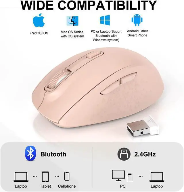 Alt view image 2 of 7 - Wireless Bluetooth Mouse, WisFox Silent Mouse Easy-Switch to 3 Devices, Portable Cordless Mice for Laptop Computer PC (Pink)