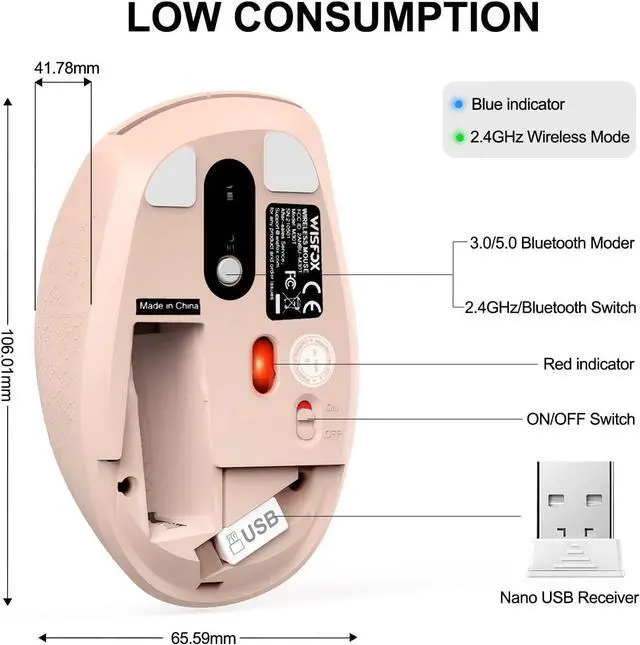 Alt view image 6 of 7 - Wireless Bluetooth Mouse, WisFox Silent Mouse Easy-Switch to 3 Devices, Portable Cordless Mice for Laptop Computer PC (Pink)