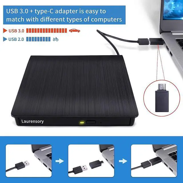 Alt view image 2 of 7 - External DVD Drive USB 3.0 Type-C USB Portable Player for Laptop CD DVD +/-RW Disk Drive CD ROM Burner Writer CD/DVD Burner Reader Compatible with Desktop Windows Linux OS Apple MacBook