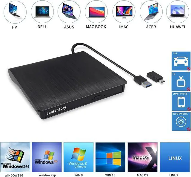 Alt view image 3 of 7 - External DVD Drive USB 3.0 Type-C USB Portable Player for Laptop CD DVD +/-RW Disk Drive CD ROM Burner Writer CD/DVD Burner Reader Compatible with Desktop Windows Linux OS Apple MacBook