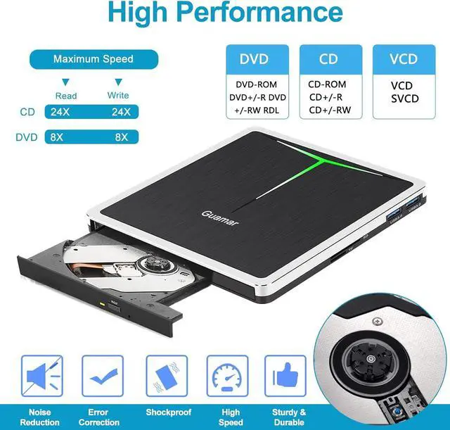 Alt view image 3 of 7 - Guamar External CD DVD Drive, USB 3.0 USB-C CD/DVD+/-RW Burner Portable Optical Disk Drive CD ROM Reader Writer DVD Player for Laptop Desktop PC Mac Windows 11 with SD/TF Slot/2 USB Ports (Silver)