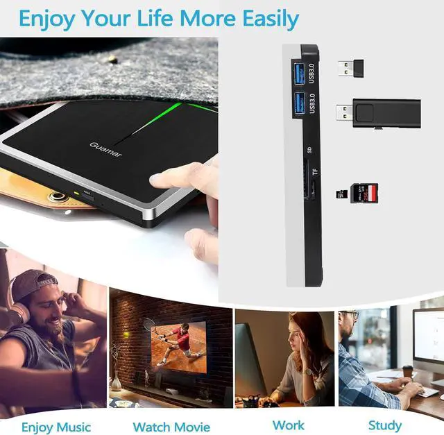 Alt view image 5 of 7 - Guamar External CD DVD Drive, USB 3.0 USB-C CD/DVD+/-RW Burner Portable Optical Disk Drive CD ROM Reader Writer DVD Player for Laptop Desktop PC Mac Windows 11 with SD/TF Slot/2 USB Ports (Silver)