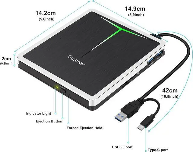Alt view image 7 of 7 - Guamar External CD DVD Drive, USB 3.0 USB-C CD/DVD+/-RW Burner Portable Optical Disk Drive CD ROM Reader Writer DVD Player for Laptop Desktop PC Mac Windows 11 with SD/TF Slot/2 USB Ports (Silver)