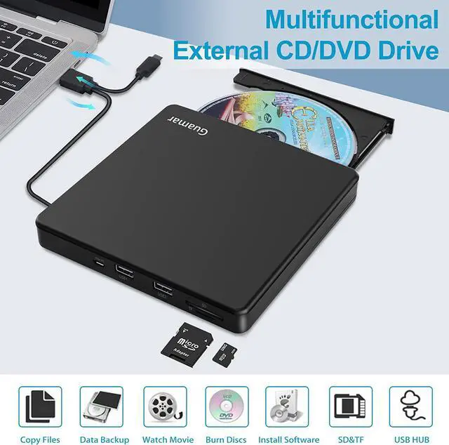 Alt view image 2 of 7 - External CD/DVD Drive for Laptop, USB 3.0 Type-C CD Burner Portable +/-RW DVD Player CD ROM Disk Drive Reader Writer with SD/TF Slot & 2 USB for Mac MacBook PC Windows 11 Linux