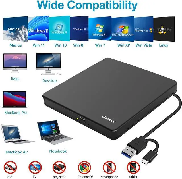Alt view image 5 of 7 - External CD/DVD Drive for Laptop, USB 3.0 Type-C CD Burner Portable +/-RW DVD Player CD ROM Disk Drive Reader Writer with SD/TF Slot & 2 USB for Mac MacBook PC Windows 11 Linux