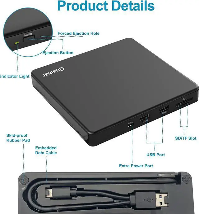 Alt view image 7 of 7 - External CD/DVD Drive for Laptop, USB 3.0 Type-C CD Burner Portable +/-RW DVD Player CD ROM Disk Drive Reader Writer with SD/TF Slot & 2 USB for Mac MacBook PC Windows 11 Linux