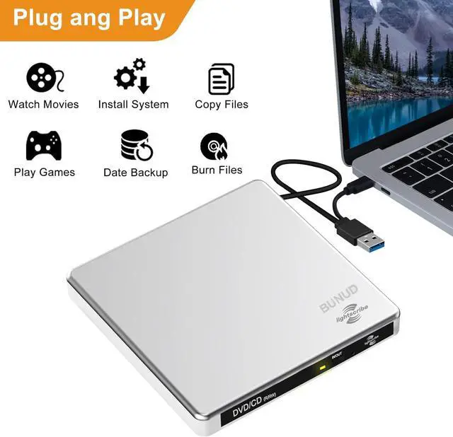 Alt view image 5 of 7 - External CD DVD Drive LightScribe CD DVD +/-RW ROM Burner DVD CD Portable Optical Disk Drive Slim Disc Reader DVD Player for Laptop Mac MacBook Windows 11 10 PC Linux OS