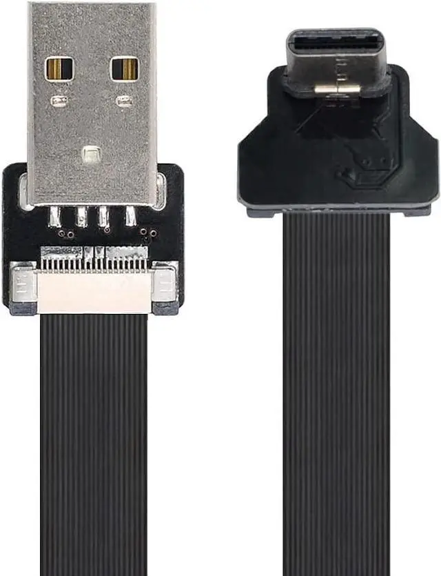 Main image of Type-A USB 2.0 Male to Type-C USB-C Male Upward Angled 90 Degree Data Flat Slim FPC Cable 100CM for FPV & Disk & Phone