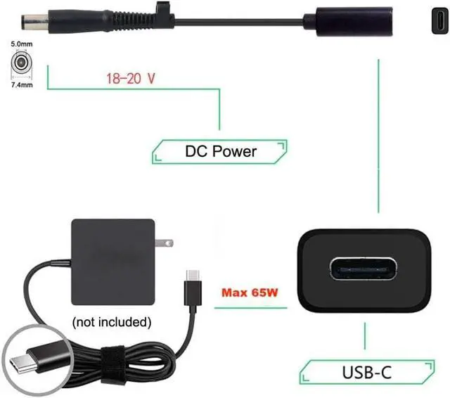 Alt view image 4 of 6 - USB-C Type C Female Input to DC 7.4x5.0mm Cable fit for Laptop DC 19.5V