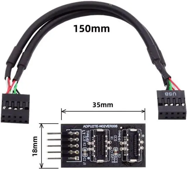 Alt view image 3 of 6 - Dual USB 3.1 Type-E Key-A Front Panel Socket to USB 2.0 9Pin Mainboard Header Extension Adapter with 9Pin Cable