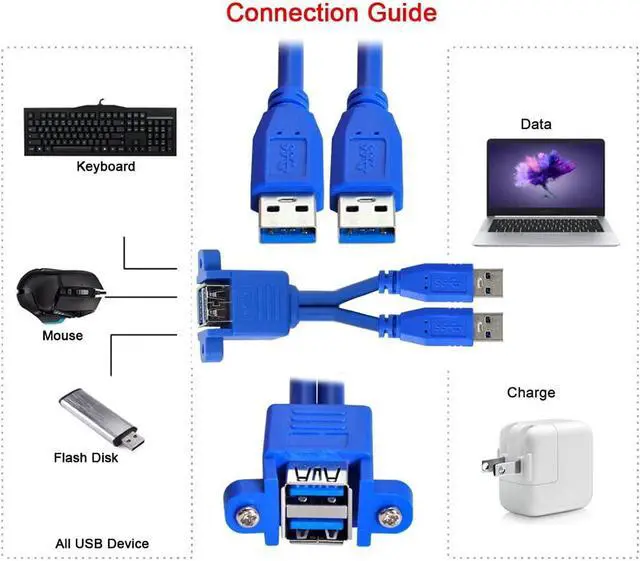 Alt view image 2 of 6 - USB 3.0 Type A 2 Male to 2 Female Extension Cable 50cm with Screw Panel Mount Holes