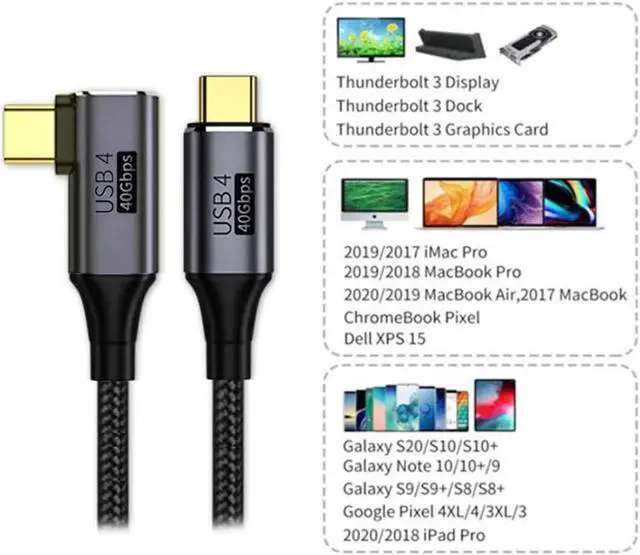 Alt view image 3 of 7 - 90 Degree Angled USB-C to USB-C USB4 Cable 40Gbps with 100W Charging UHD 8K 5K 4K@60Hz USB4.0 Compatible with Thunderbolt3/4 1.0M
