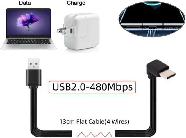 Alt view image 2 of 7 - USB C Short Flat Cable, USB 2.0 Type A Male to USB C Male 90 Degree UP Angled 4 Wires 5V 2A Charge Data Extension Silicone Cable 4 Wires 30AWG 13cm