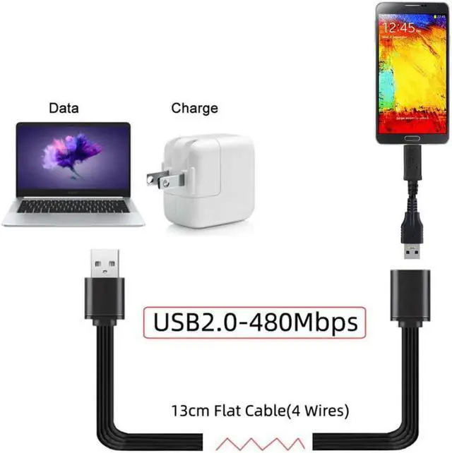 Alt view image 2 of 7 - USB 2.0 Short Flat Cable, USB 2.0 Type A Male to Female 4 Wires 5V 2A Charge Data Extension Silicone Cable 4 Wires 30AWG 13cm