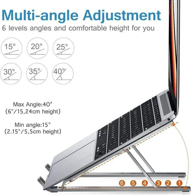 Alt view image 4 of 7 - Laptop Stand, Laptop Holder Riser Computer Tablet Stand, 6 Angles Adjustable Aluminum Ergonomic Foldable Portable Desktop Holder Compatible with MacBook,iPad, HP, Dell, Lenovo 10-15.6\u201d Gray