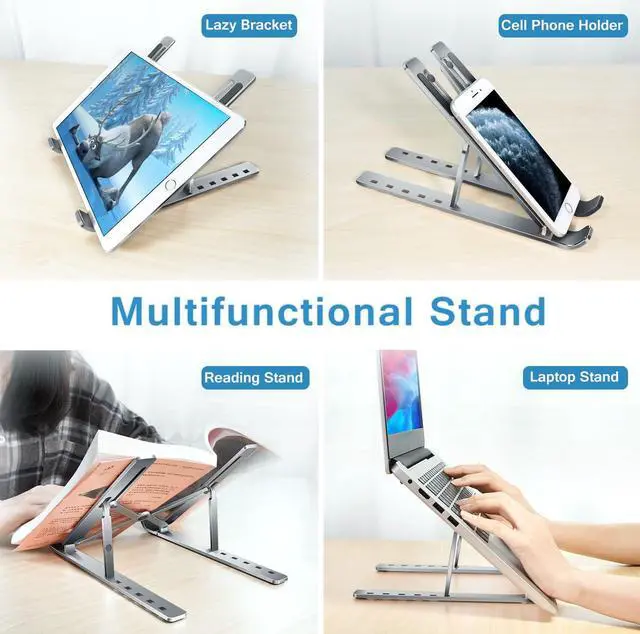 Alt view image 7 of 7 - Laptop Stand, Laptop Holder Riser Computer Tablet Stand, 6 Angles Adjustable Aluminum Ergonomic Foldable Portable Desktop Holder Compatible with MacBook,iPad, HP, Dell, Lenovo 10-15.6\u201d Gray