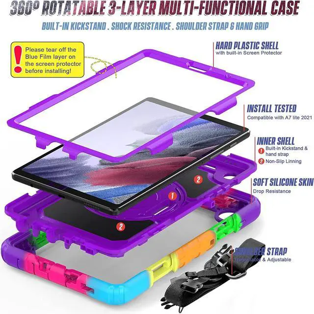 Alt view image 6 of 7 - Case for Samsung Tab A7 Lite 2021 8.7 inch SM-T220/T225/T227 with Screen Protector | Three-Layer Full Body Silicone Protective Cover W/Handle Hand Strap for Galaxy Tab A7 Lite | Purple