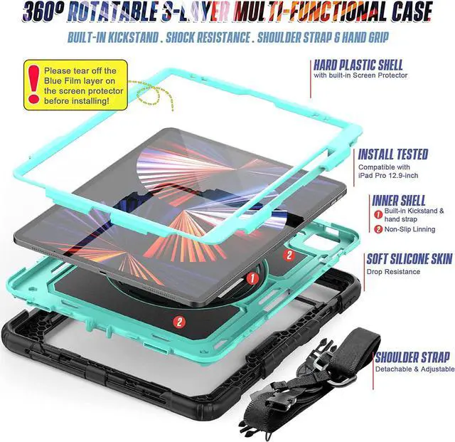 Alt view image 6 of 6 - iPad Pro 12.9 Case 6th/5th/4th Generation with Screen Protector |  12.9 Inch iPad Pro Case with Pencil Holder | 3 Layer Dropproof Heavy Duty Rugged Protective Cover with Shouler Strap | SkyBlue