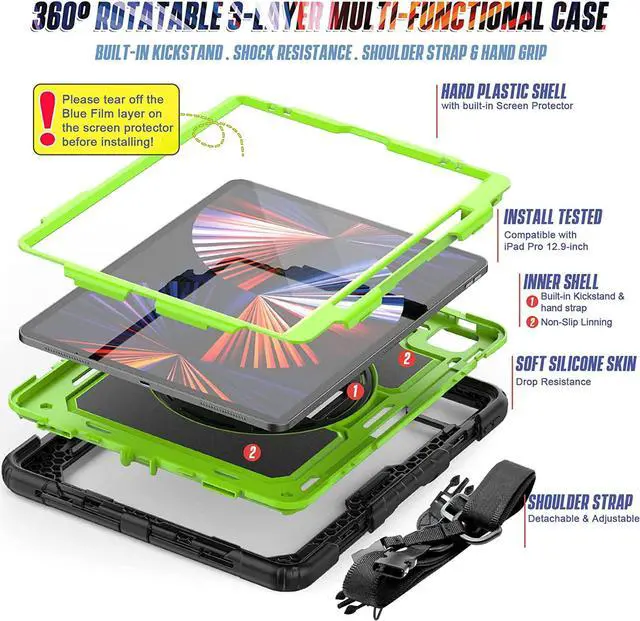 Alt view image 6 of 6 - iPad Pro Case 12.9 6th/5th/4th Generation with Pencil Holder | Heavy Duty Hybrid Dropproof Rugged Protection Hard Cover W/Screen Protector Shoulder Strap for iPad Pro 12.9 2022/2021/2020/2018