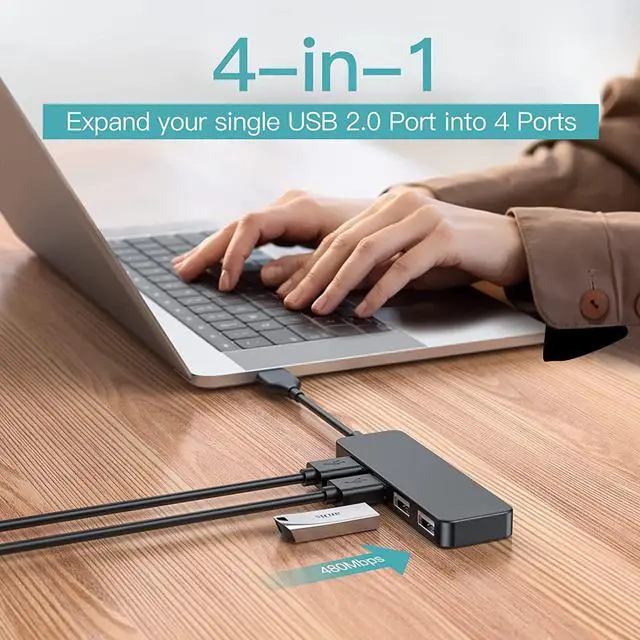 Alt view image 2 of 7 - USB Hub USB Splitter USB 4-Port Adapter USB Extender for for Laptop PC MacBook Mac Pro Mac Mini iMac Surface Pro and More (Black-USB 2.0/0.3m)