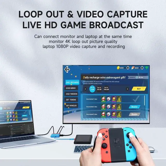 Alt view image 5 of 7 - Hagibis 2 in 1 Switch Dock with HDMI Video Capture Card for Nintendo Switch OLED, Portable TV Docking Station with 4K HDMI, 1080P Capture Card, PD and USB Port Type C to HDMI TV Adapter (Red Blue)