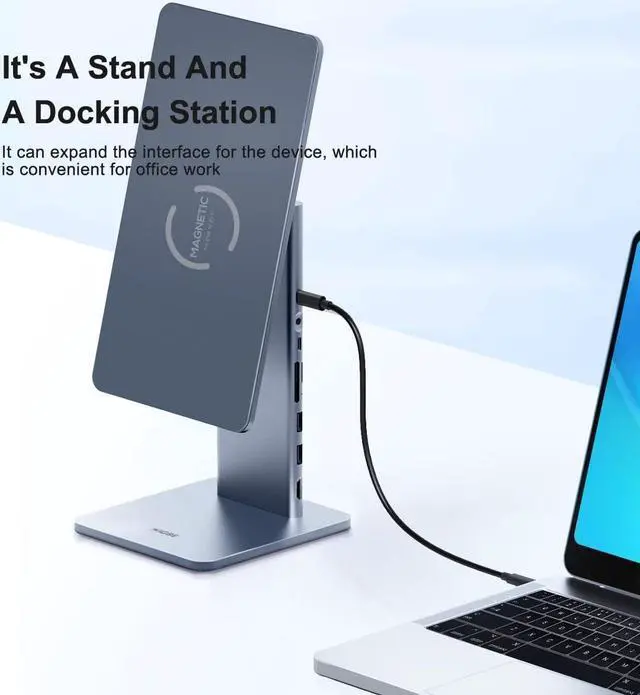 Alt view image 6 of 7 - Hagibis Foldable Magnetic iPad Stand with Docking Station, Adjustable Holder with 4K@60Hz HDMI, 60W PD, USB 3.0 and SD/Micro SD Hub for Apple iPad Pro 12.9\u201d 3rd/4th/5th (12.9\u201d with Hub)