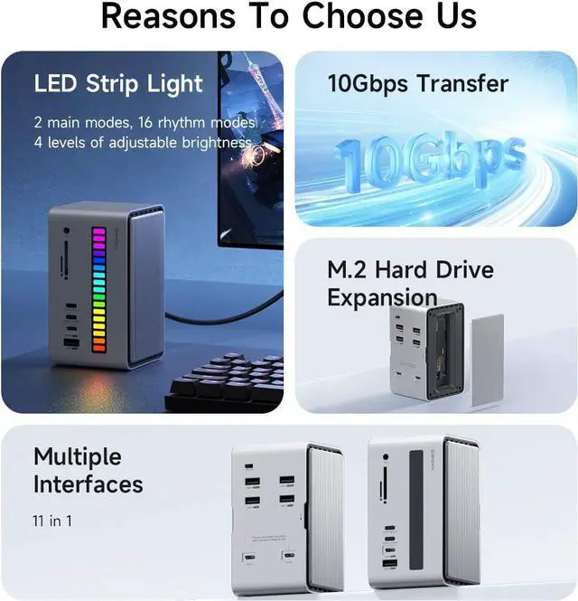 Alt view image 2 of 7 - Hagibis M.2 NVMe SATA SSD Enclosure Adapter, LED Strip Light USB C Docking Station, USB 3.2 Gen 2 (10 Gbps) to NVME PCI-E SATA M-Key/(B+M) Key Support UASP for NVME/SATA SSDs 2242/2260/2280